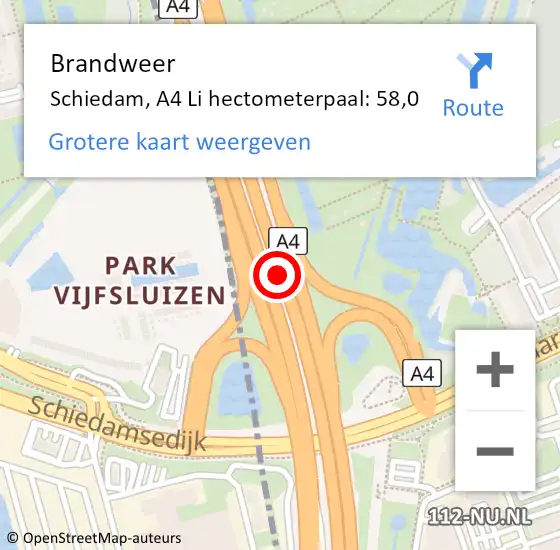 Locatie op kaart van de 112 melding: Brandweer Schiedam, A4 Li hectometerpaal: 58,0 op 17 juli 2018 20:40