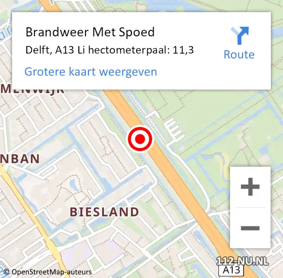 Locatie op kaart van de 112 melding: Brandweer Met Spoed Naar Delft, A13 Re hectometerpaal: 12,3 op 17 juli 2018 22:29