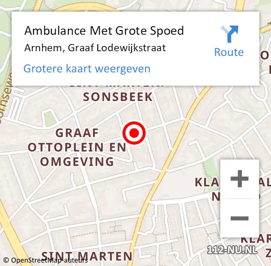 Locatie op kaart van de 112 melding: Ambulance Met Grote Spoed Naar Arnhem, Graaf Lodewijkstraat op 18 juli 2018 01:16