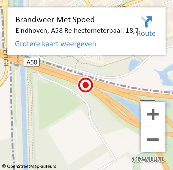 Locatie op kaart van de 112 melding: Brandweer Met Spoed Naar Eindhoven, A58 Re hectometerpaal: 18,7 op 18 juli 2018 11:36