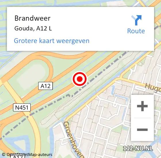 Locatie op kaart van de 112 melding: Brandweer Gouda, A12 R hectometerpaal: 28,4 op 18 juli 2018 21:19