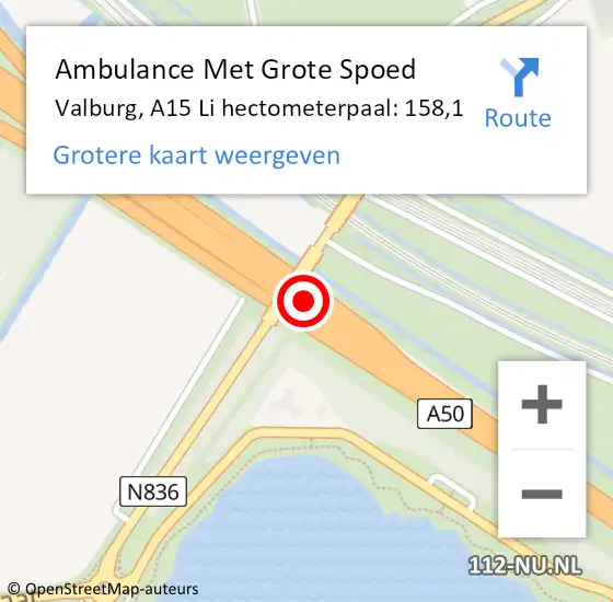 Locatie op kaart van de 112 melding: Ambulance Met Grote Spoed Naar Valburg, A15 Li hectometerpaal: 158,1 op 18 juli 2018 23:00
