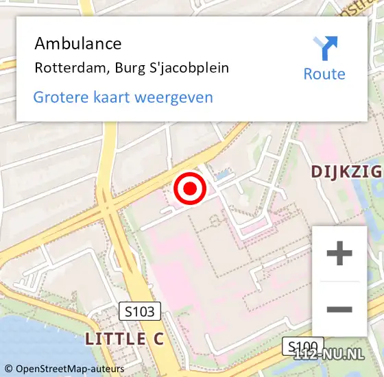 Locatie op kaart van de 112 melding: Ambulance Rotterdam, Burg S'jacobplein op 20 juli 2018 13:34