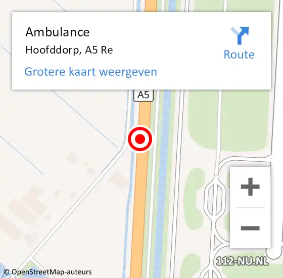 Locatie op kaart van de 112 melding: Ambulance Hoofddorp, A5 Re op 20 juli 2018 21:37