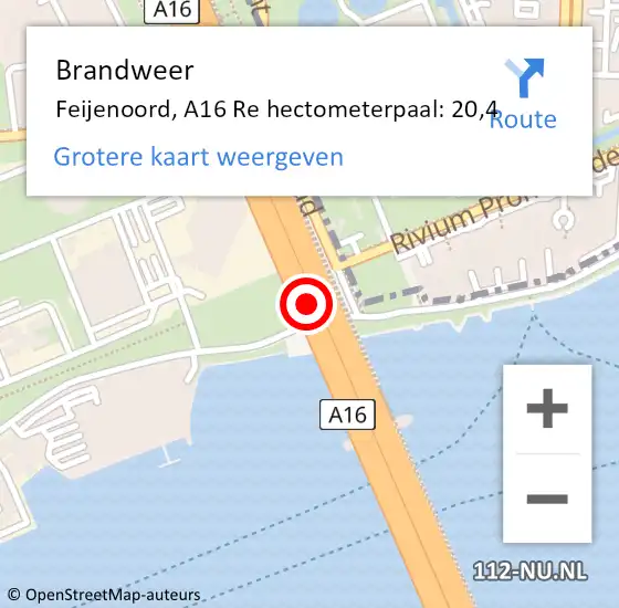 Locatie op kaart van de 112 melding: Brandweer Feijenoord, A16 Re hectometerpaal: 20,4 op 21 juli 2018 06:19