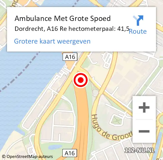Locatie op kaart van de 112 melding: Ambulance Met Grote Spoed Naar Dordrecht, A16 Re hectometerpaal: 35,6 op 21 juli 2018 13:27