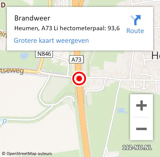 Locatie op kaart van de 112 melding: Brandweer Heumen, A73 Li hectometerpaal: 93,6 op 21 juli 2018 23:24