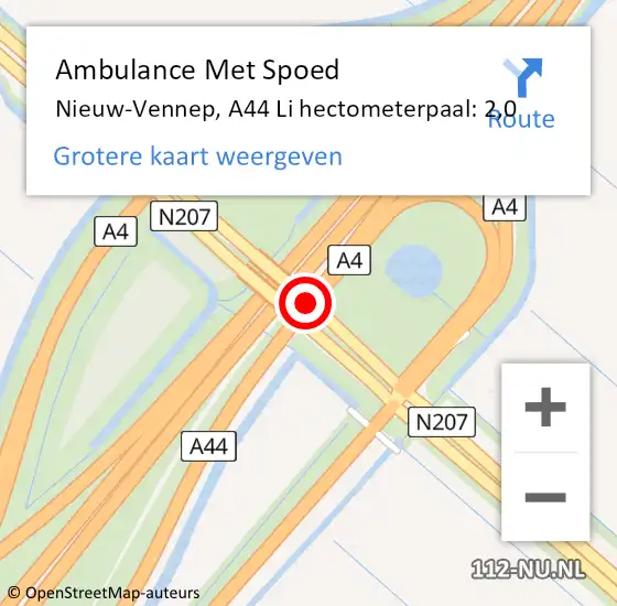 Locatie op kaart van de 112 melding: Ambulance Met Spoed Naar Nieuw-Vennep, A44 Re hectometerpaal: 2,1 op 22 juli 2018 08:42
