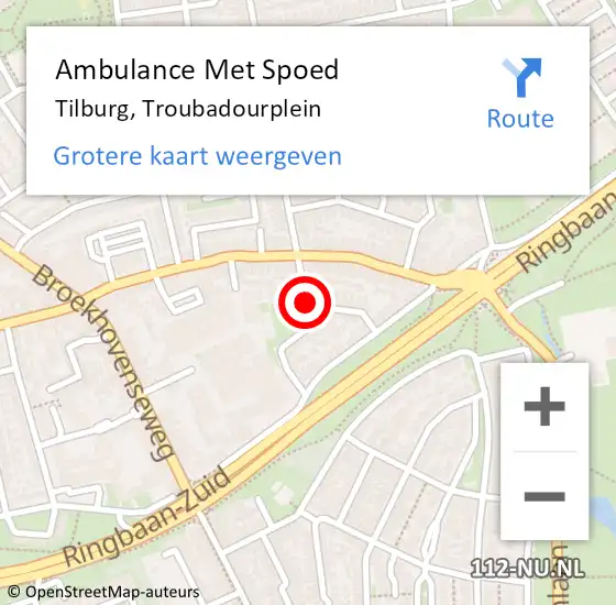 Locatie op kaart van de 112 melding: Ambulance Met Spoed Naar Tilburg, Troubadourplein op 22 juli 2018 18:38