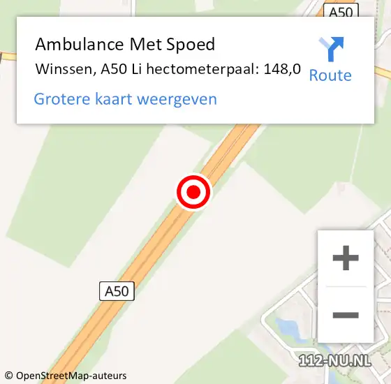 Locatie op kaart van de 112 melding: Ambulance Met Spoed Naar Winssen, A50 Li hectometerpaal: 148,0 op 24 juli 2018 17:38
