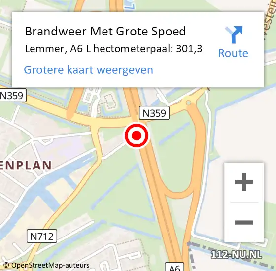 Locatie op kaart van de 112 melding: Brandweer Met Grote Spoed Naar Lemmer, A6 L hectometerpaal: 296,2 op 26 juli 2018 13:58