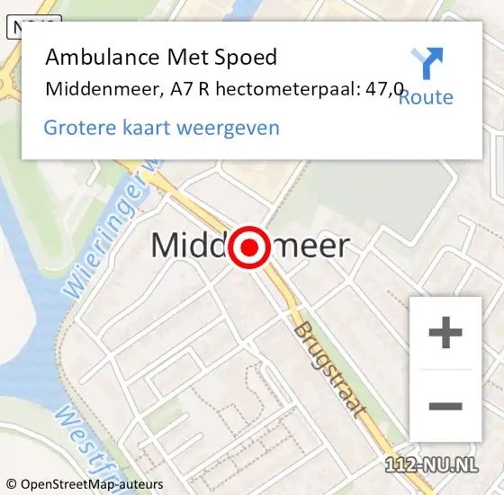 Locatie op kaart van de 112 melding: Ambulance Met Spoed Naar Middenmeer, A7 R hectometerpaal: 47,0 op 26 juli 2018 20:18