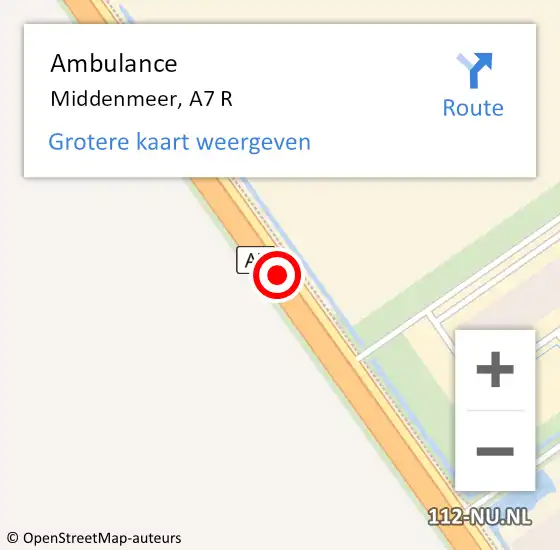 Locatie op kaart van de 112 melding: Ambulance Middenmeer, A7 R op 26 juli 2018 20:19