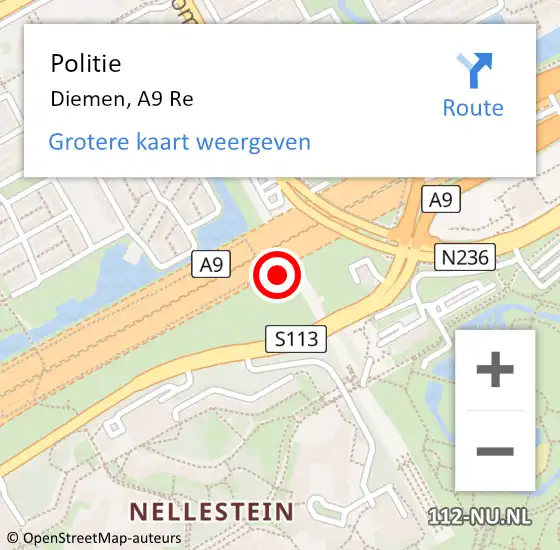 Locatie op kaart van de 112 melding: Politie Diemen, A9 Re op 26 juli 2018 23:56