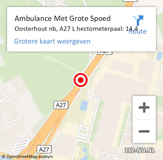 Locatie op kaart van de 112 melding: Ambulance Met Grote Spoed Naar Oosterhout nb, A27 Re hectometerpaal: 15,1 op 27 juli 2018 03:20