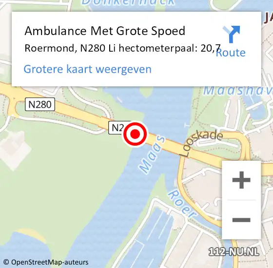 Locatie op kaart van de 112 melding: Ambulance Met Grote Spoed Naar Roermond, N280 Li hectometerpaal: 18,9 op 27 juli 2018 23:29