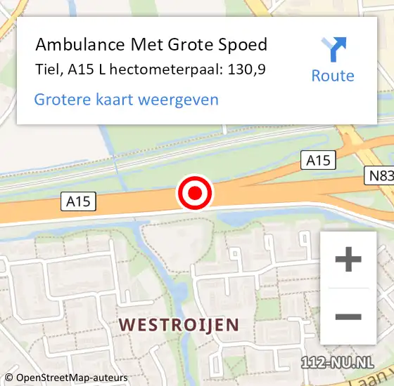 Locatie op kaart van de 112 melding: Ambulance Met Grote Spoed Naar Tiel, A15 R op 28 juli 2018 15:06