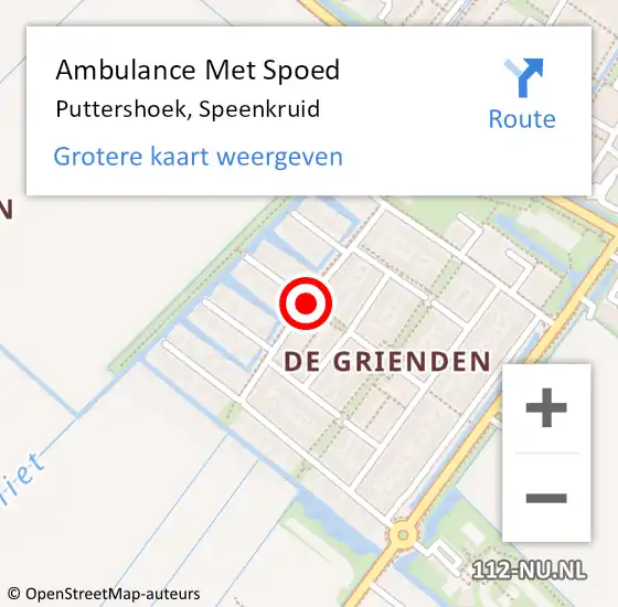 Locatie op kaart van de 112 melding: Ambulance Met Spoed Naar Puttershoek, Speenkruid op 29 juli 2018 09:37