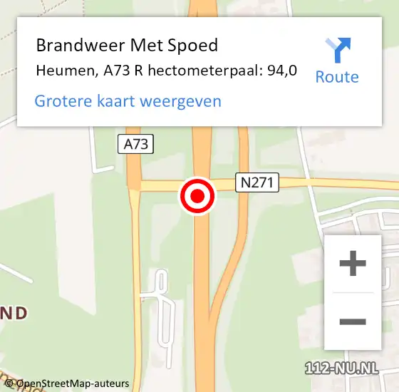 Locatie op kaart van de 112 melding: Brandweer Met Spoed Naar Heumen, A73 R hectometerpaal: 94,0 op 29 juli 2018 18:54