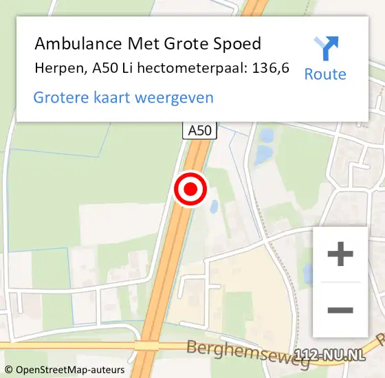 Locatie op kaart van de 112 melding: Ambulance Met Grote Spoed Naar Herpen, A50 Li hectometerpaal: 136,6 op 29 juli 2018 23:57