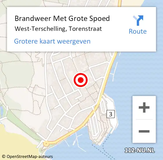 Locatie op kaart van de 112 melding: Brandweer Met Grote Spoed Naar West-Terschelling, Torenstraat op 30 juli 2018 09:01