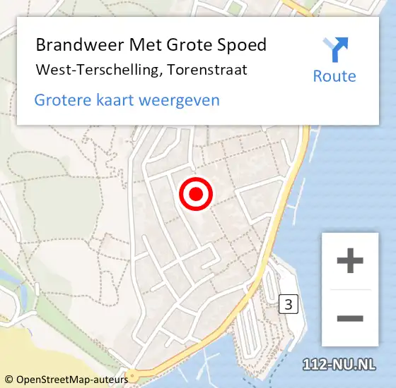 Locatie op kaart van de 112 melding: Brandweer Met Grote Spoed Naar West-Terschelling, Torenstraat op 30 juli 2018 09:17