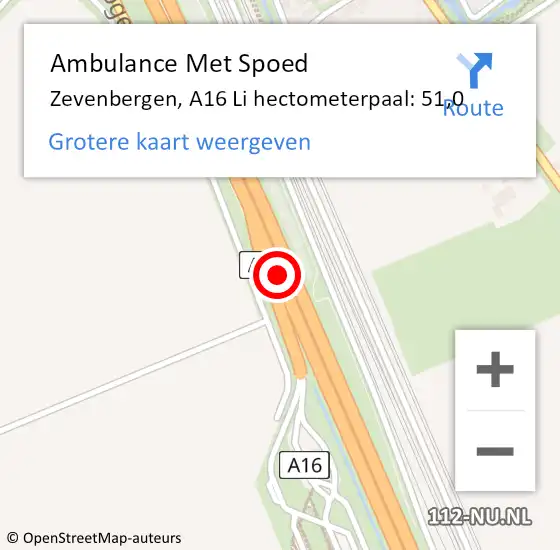 Locatie op kaart van de 112 melding: Ambulance Met Spoed Naar Zevenbergen, A16 Li hectometerpaal: 51,0 op 31 juli 2018 16:50