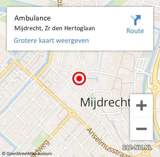 Locatie op kaart van de 112 melding: Ambulance Mijdrecht, Zr den Hertoglaan op 1 augustus 2018 12:55