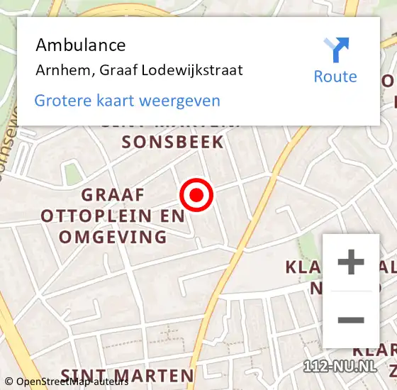 Locatie op kaart van de 112 melding: Ambulance Arnhem, Graaf Lodewijkstraat op 2 augustus 2018 16:38