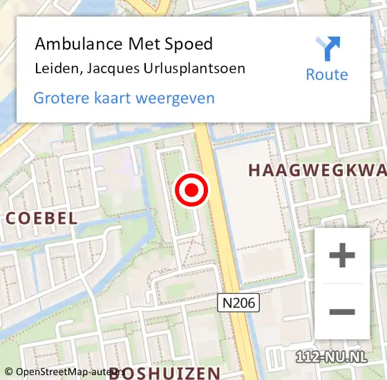 Locatie op kaart van de 112 melding: Ambulance Met Spoed Naar Leiden, Jacques Urlusplantsoen op 4 augustus 2018 09:56