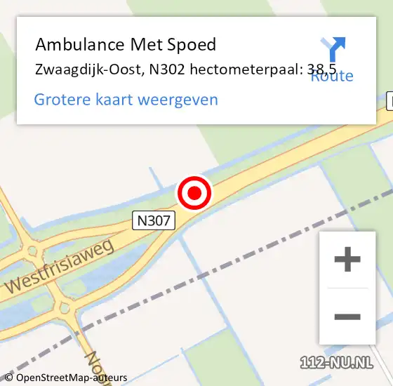 Locatie op kaart van de 112 melding: Ambulance Met Spoed Naar Zwaagdijk-Oost, N302 hectometerpaal: 38,5 op 5 augustus 2018 00:13