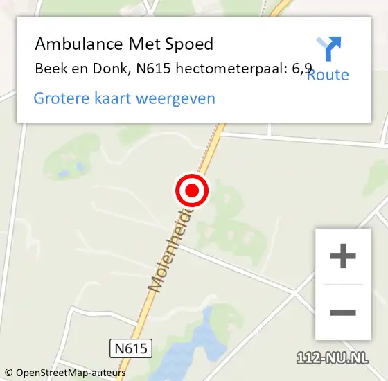Locatie op kaart van de 112 melding: Ambulance Met Spoed Naar Beek en Donk, N615 hectometerpaal: 6,9 op 5 augustus 2018 19:35