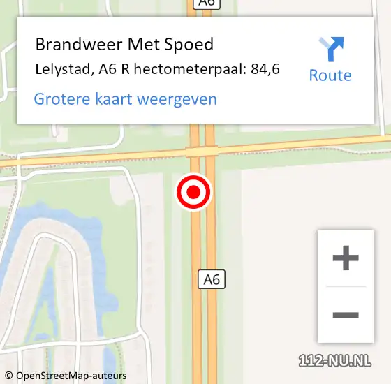 Locatie op kaart van de 112 melding: Brandweer Met Spoed Naar Lelystad, A6 R hectometerpaal: 72,9 op 6 augustus 2018 12:35