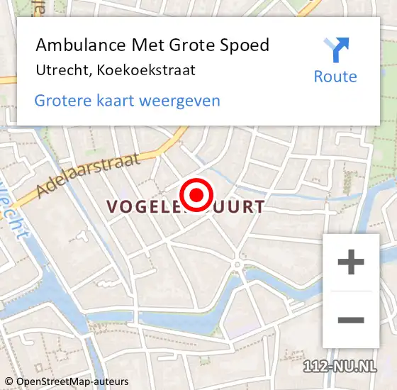 Locatie op kaart van de 112 melding: Ambulance Met Grote Spoed Naar Utrecht, Koekoekstraat op 6 augustus 2018 19:58