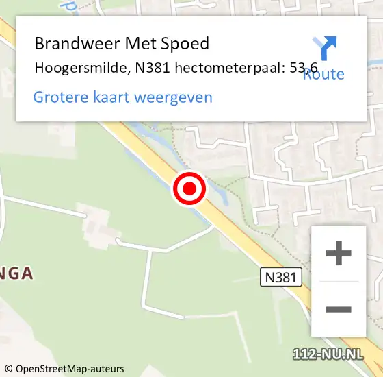 Locatie op kaart van de 112 melding: Brandweer Met Spoed Naar Hoogersmilde, N381 hectometerpaal: 53,6 op 6 augustus 2018 20:44