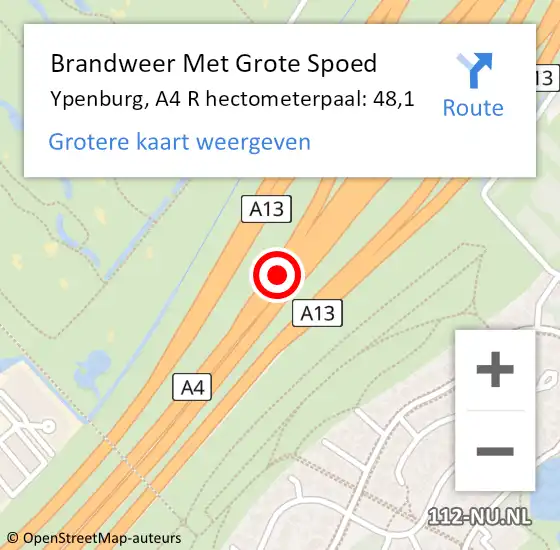 Locatie op kaart van de 112 melding: Brandweer Met Grote Spoed Naar Ypenburg, A4 R hectometerpaal: 48,1 op 6 augustus 2018 21:59