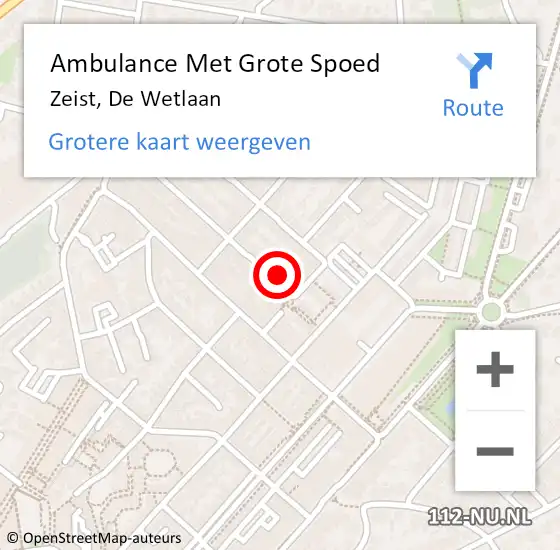 Locatie op kaart van de 112 melding: Ambulance Met Grote Spoed Naar Zeist, De Wetlaan op 7 augustus 2018 09:39