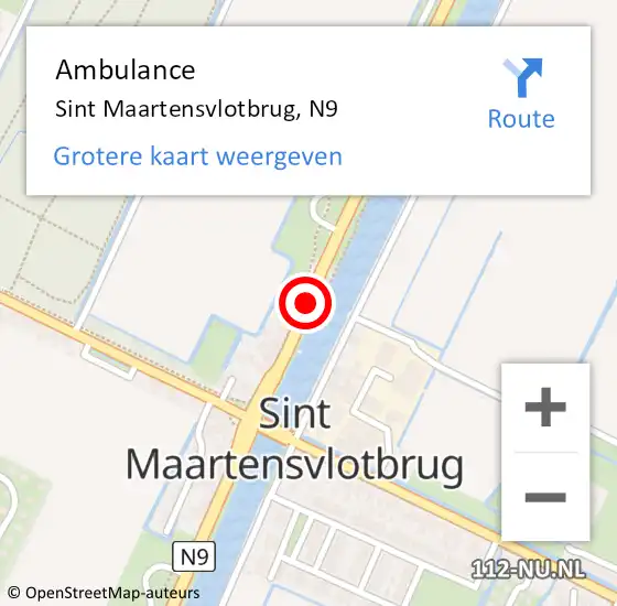 Locatie op kaart van de 112 melding: Ambulance Sint Maartensvlotbrug, N9 op 7 augustus 2018 12:04