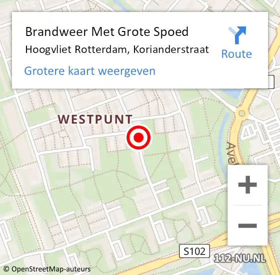 Locatie op kaart van de 112 melding: Brandweer Met Grote Spoed Naar Hoogvliet Rotterdam, Korianderstraat op 9 augustus 2018 15:15
