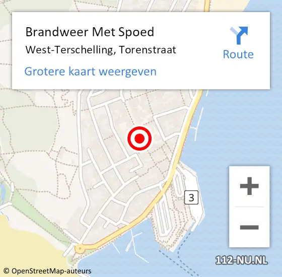 Locatie op kaart van de 112 melding: Brandweer Met Spoed Naar West-Terschelling, Torenstraat op 9 augustus 2018 19:48