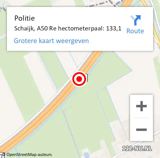 Locatie op kaart van de 112 melding: Politie Schaijk, A50 Re hectometerpaal: 133,1 op 10 augustus 2018 00:17
