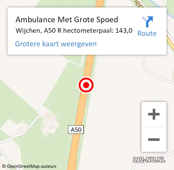 Locatie op kaart van de 112 melding: Ambulance Met Grote Spoed Naar Wijchen, A50 R hectometerpaal: 143,0 op 10 augustus 2018 14:53