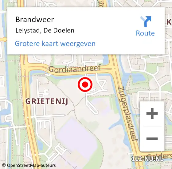 Locatie op kaart van de 112 melding: Brandweer Lelystad, De Doelen op 11 augustus 2018 06:54