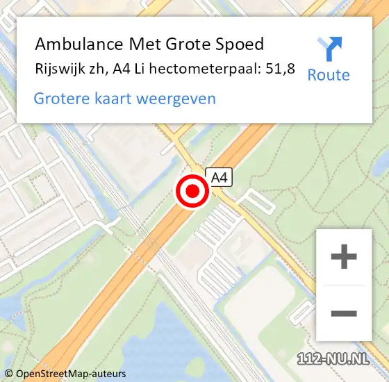 Locatie op kaart van de 112 melding: Ambulance Met Grote Spoed Naar Rijswijk zh, A4 Li hectometerpaal: 51,8 op 11 augustus 2018 13:56