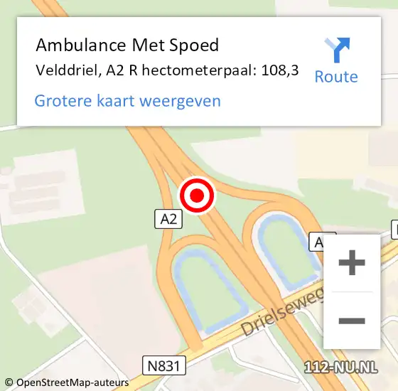 Locatie op kaart van de 112 melding: Ambulance Met Spoed Naar Velddriel, A2 R hectometerpaal: 108,3 op 11 augustus 2018 22:33