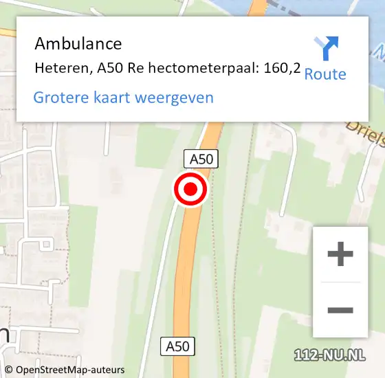 Locatie op kaart van de 112 melding: Ambulance Heteren, A50 Re hectometerpaal: 160,2 op 12 augustus 2018 00:26