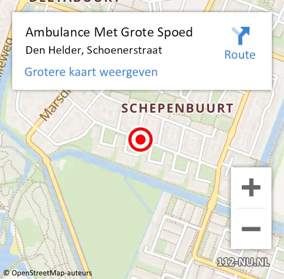 Locatie op kaart van de 112 melding: Ambulance Met Grote Spoed Naar Den Helder, Schoenerstraat op 12 augustus 2018 02:39