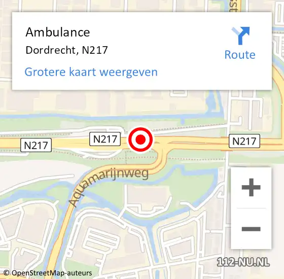 Locatie op kaart van de 112 melding: Ambulance Dordrecht, N217 op 12 augustus 2018 19:33
