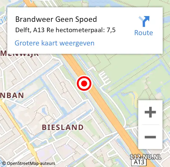 Locatie op kaart van de 112 melding: Brandweer Geen Spoed Naar Delft, A13 Li hectometerpaal: 8,5 op 13 augustus 2018 09:40