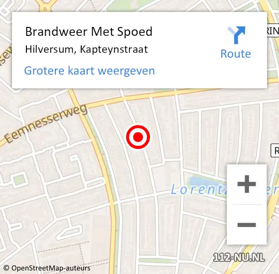 Locatie op kaart van de 112 melding: Brandweer Met Spoed Naar Hilversum, Kapteynstraat op 13 augustus 2018 20:26